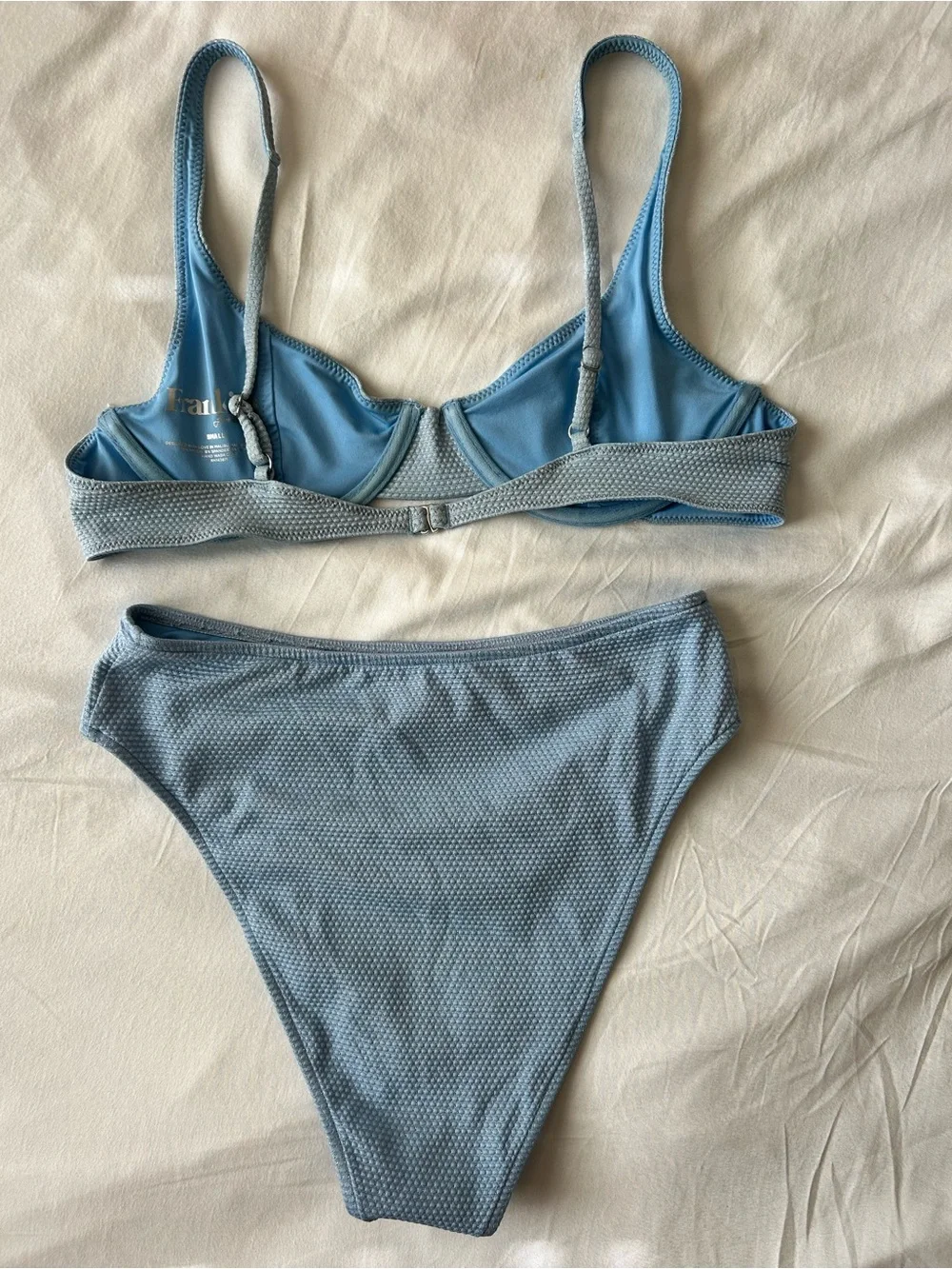 Frankie's Bikinis Grotto High Waisted Metallic Light Blue Shimmery Bikini Set